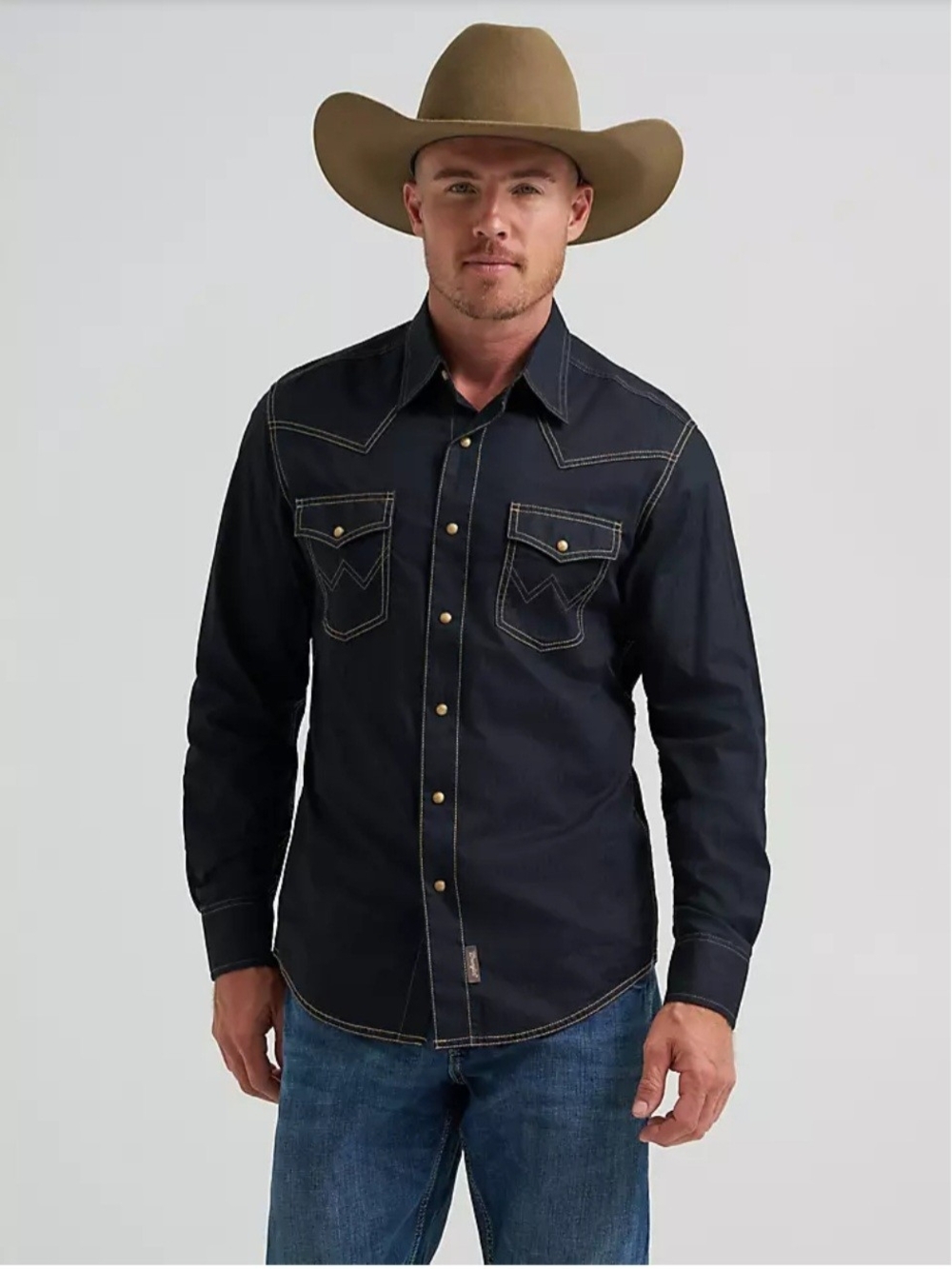 Wrangler Retro Western Pearl Snap Long Sleeve Shirt Dark Wash Men's Sz XL Cowboy